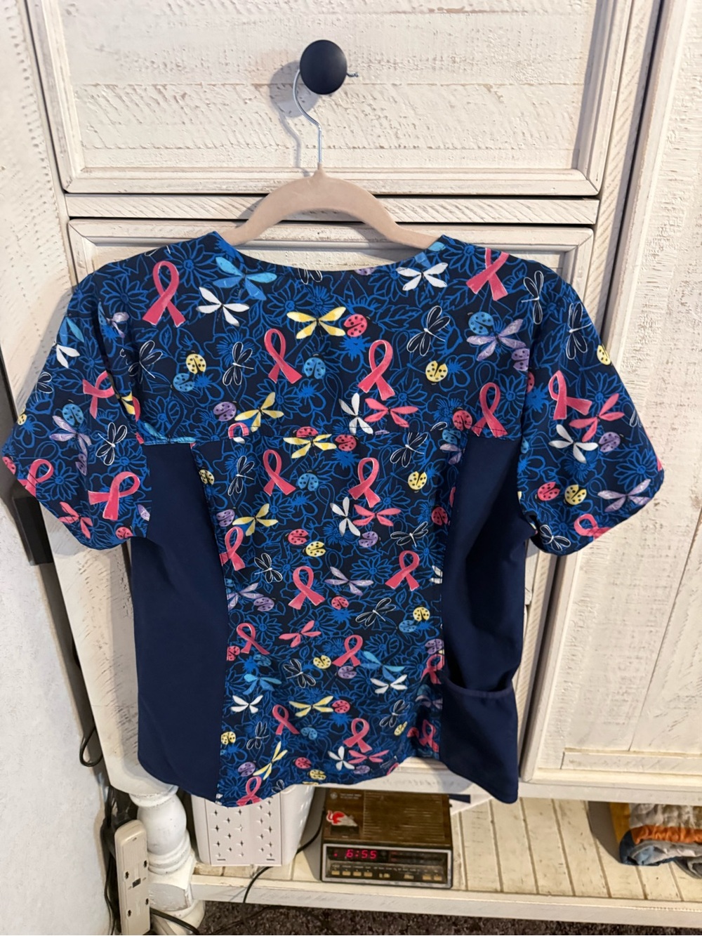 Cherokee Navy Blue Floral & Pink Ribbon Print Scrub Top